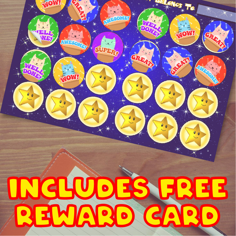 Sticker Stocker - 144 Colourful Cool Cats - 30mm - Glossy Reward Stickers for Teachers & Parents