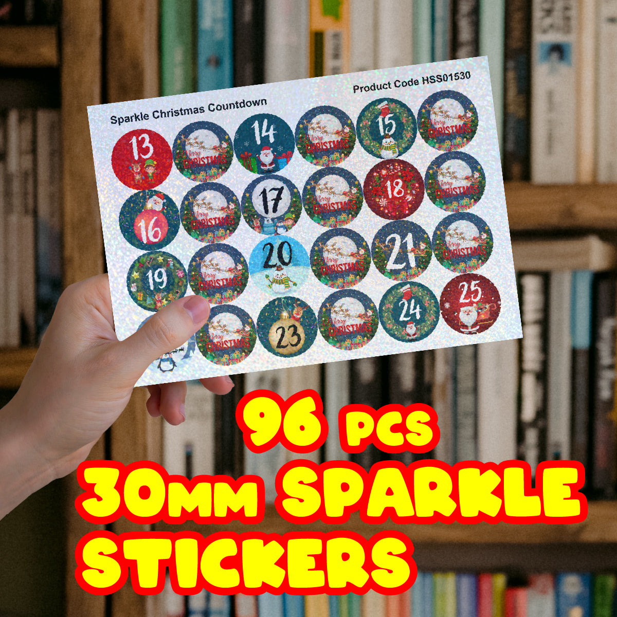 96 Sparkle Christmas Countdown Advent Stickers 30mm + 60 Free Sparkle Smiles Reward Stickers for Teachers, Parents and Schools