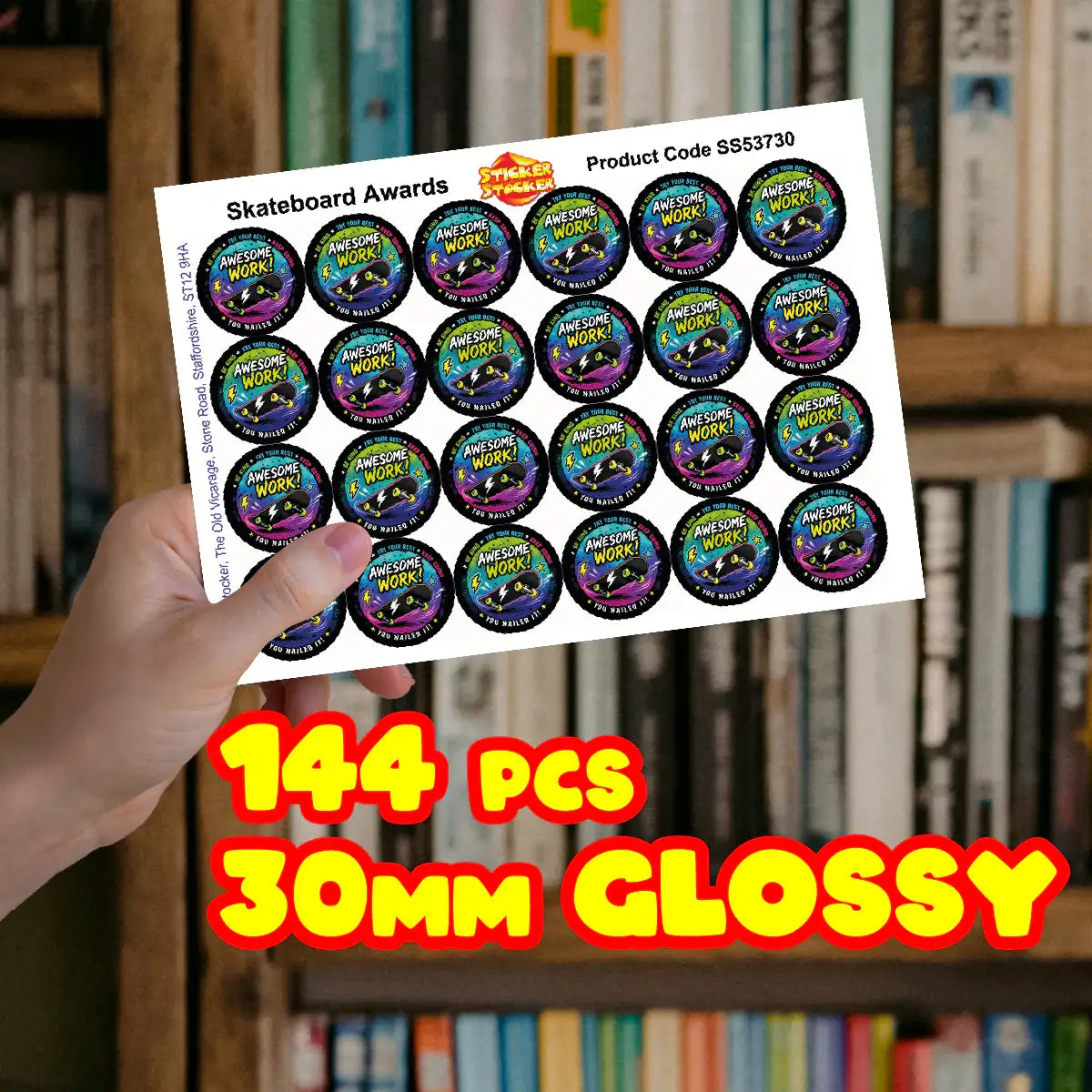 144 Skateboard Awards Children's Reward Stickers - 30mm - Parents, Skateparks