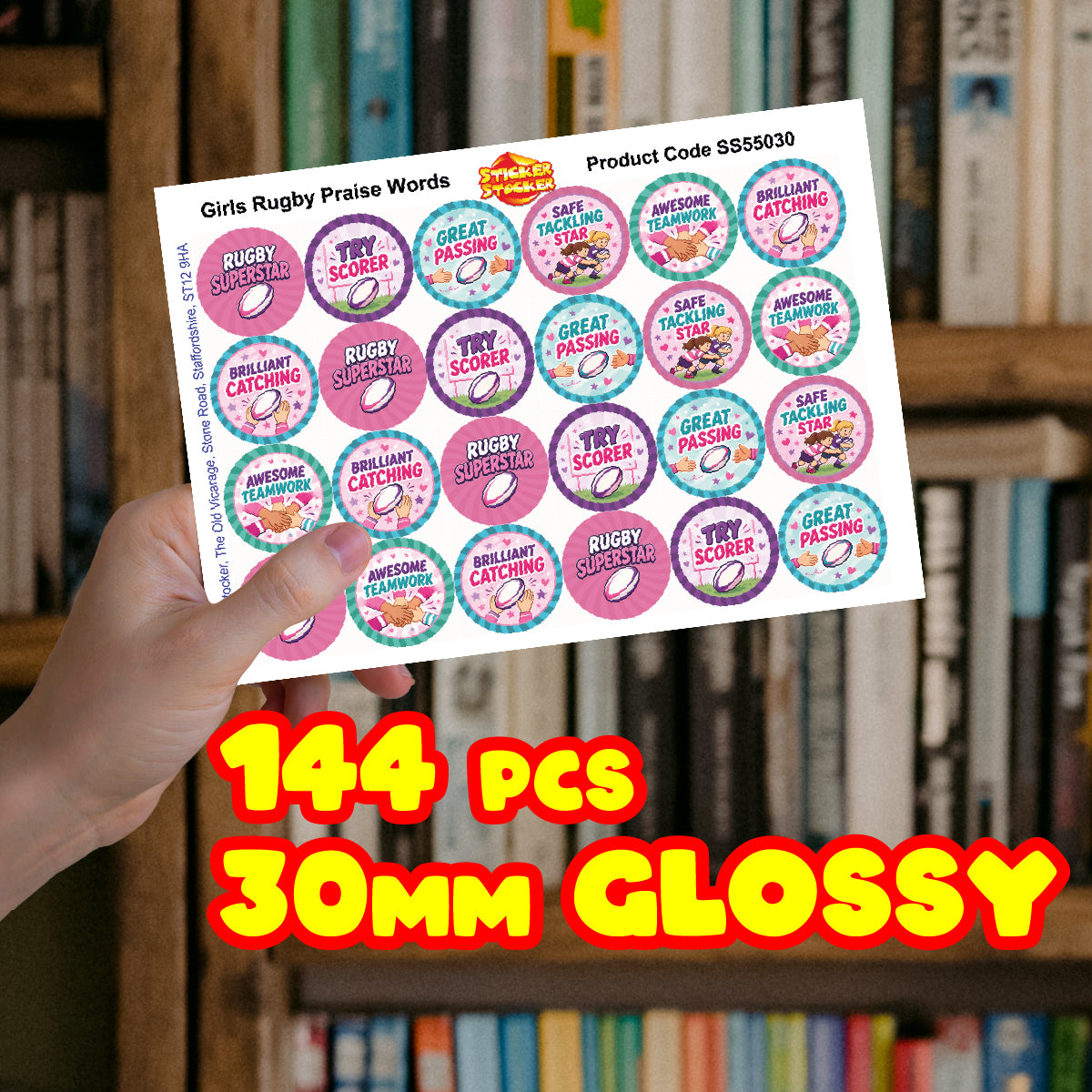 144 Girls Rugby Praise Words - 30mm - Glossy Reward Stickers for Teachers, Coaches & Parents