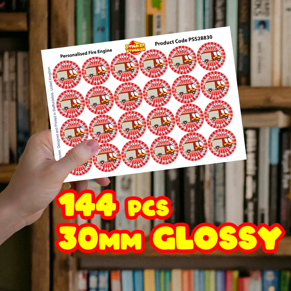 144 Personalised Fire Engine 30mm Reward Stickers for Children, Parents and Schools