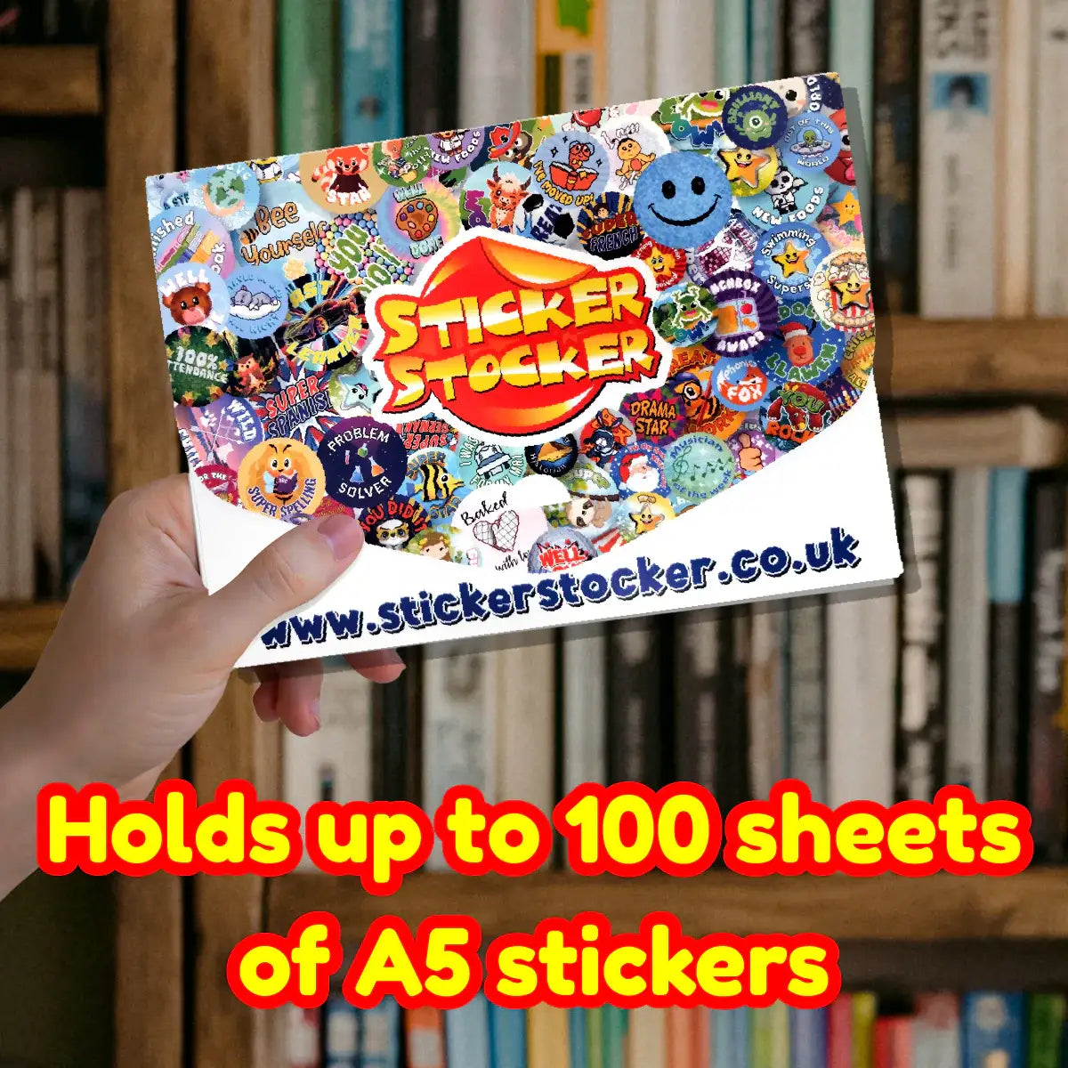 Hand holding colorful sticker pack folder, holds up to 100 A5 reward sticker sheets