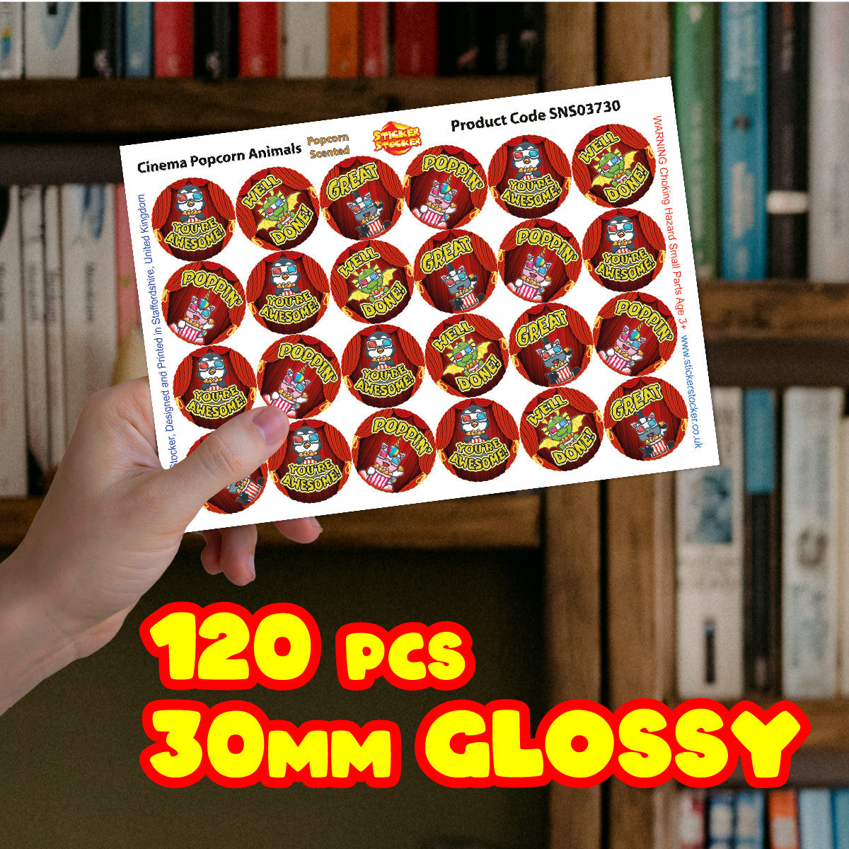 Sticker Stocker 120 Popcorn Cinema Praise 30mm Scented Reward Stickers for Teachers, Parents and Party Bags