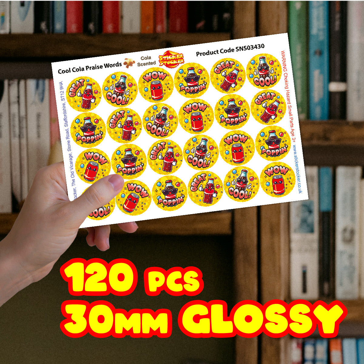 120 Cool Cola Praise Words Scented 30mm Reward Stickers for Teachers, Parents and Party Bags