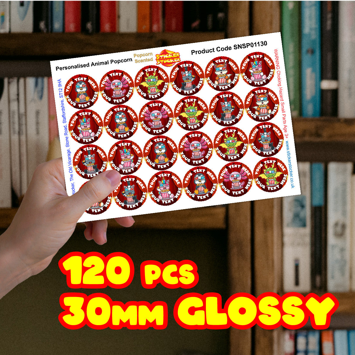 120 Popcorn Animals Scented Personalised Stickers - Personalised 30 mm Scented Stickers - For Teachers Nursery Parents