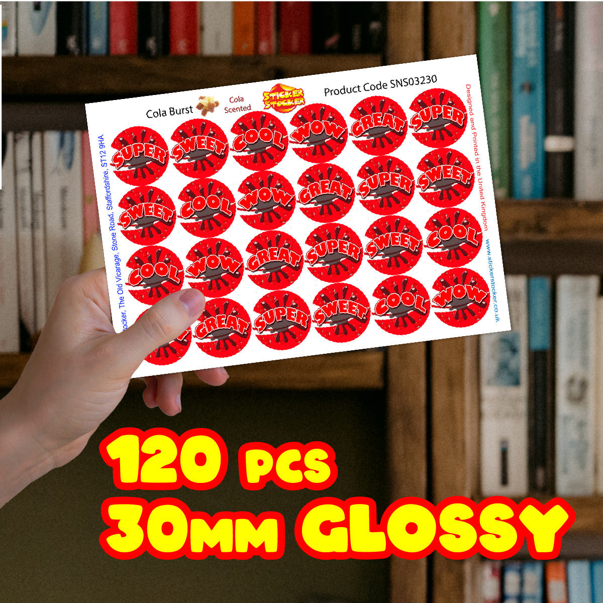 120 Cola Burst Praise Words Scented 30mm Reward Stickers for Teachers, Parents and Party Bags