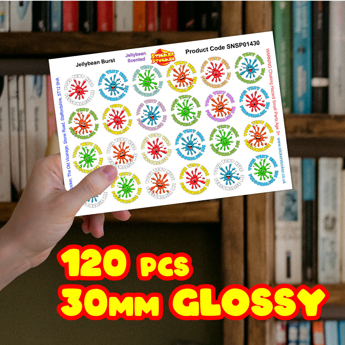 120 Jellybean Splat Scented Personalised Stickers - 30 mm - School Teachers Parents