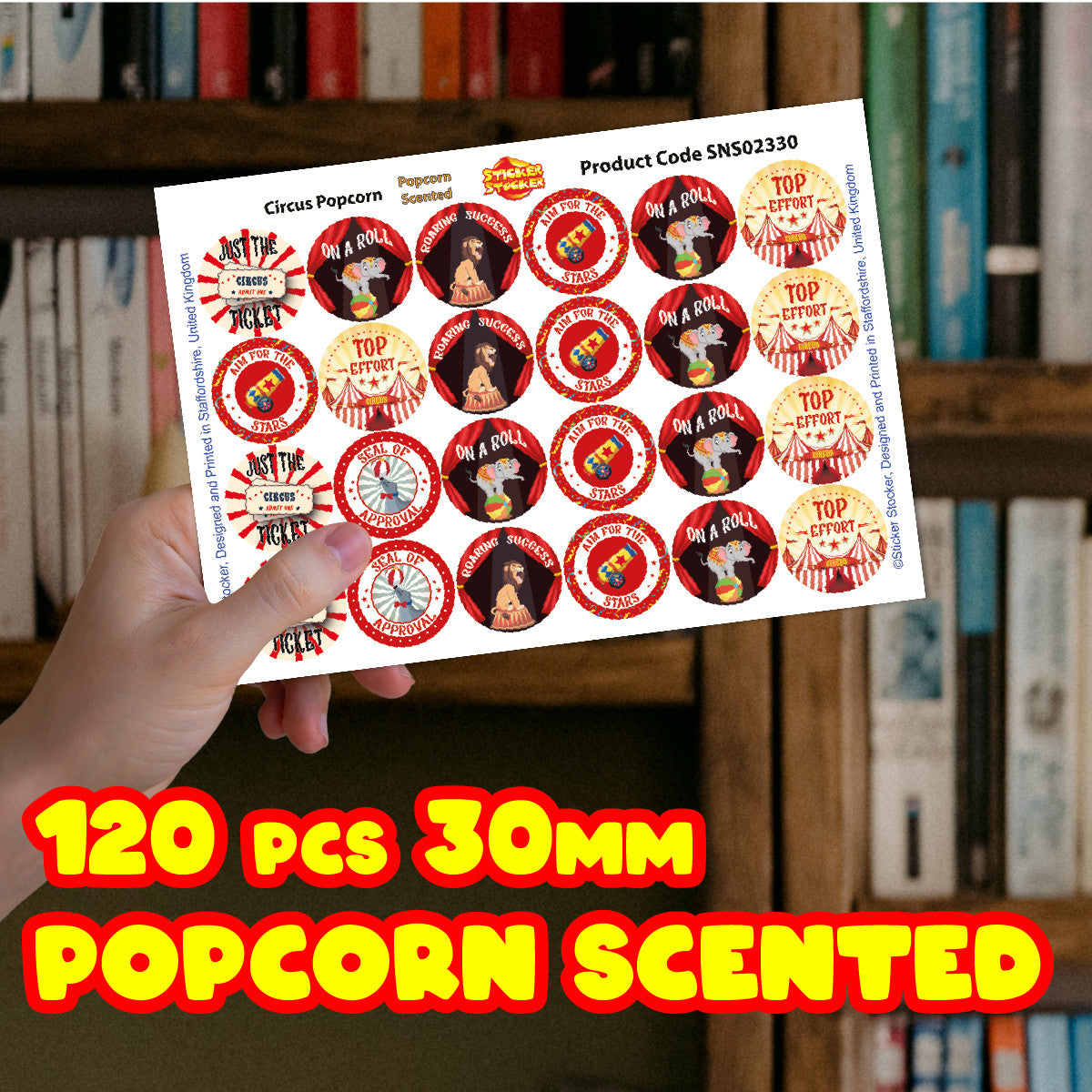 SNS02330 120 Circus Popcorn 30mm Popcorn Scented Reward Stickers for Teachers, Parents and Party Bags