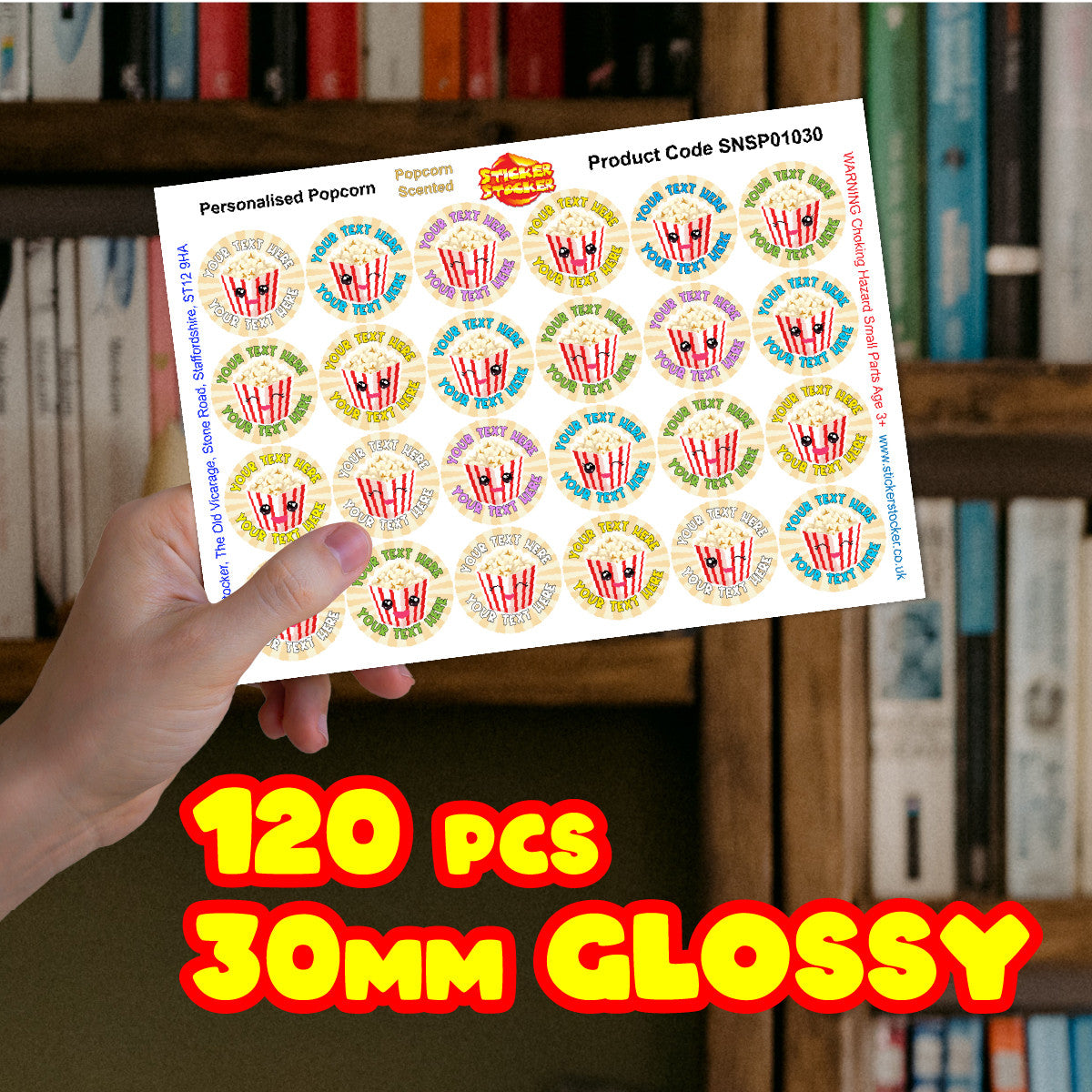 120 Popcorn Scented Personalised Stickers - Personalised 30 mm Scented Stickers - For Teachers Nursery Parents