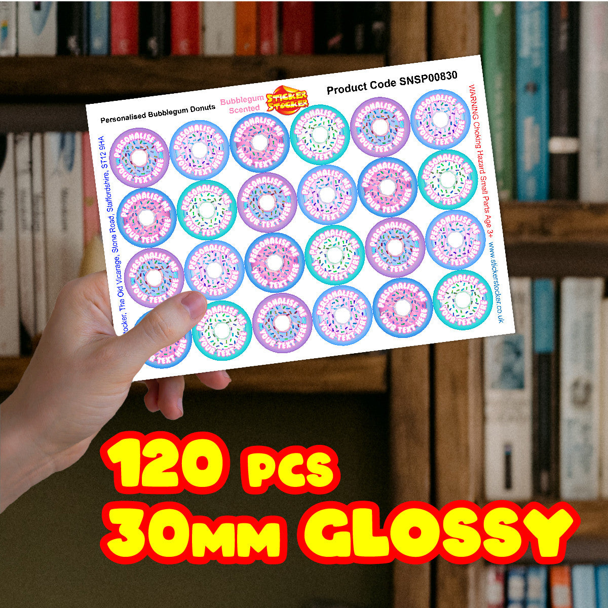 120 Bubblegum Scented Donut Personalised Stickers - Personalised 30 mm Scented Stickers - For Teachers Nursery Parents