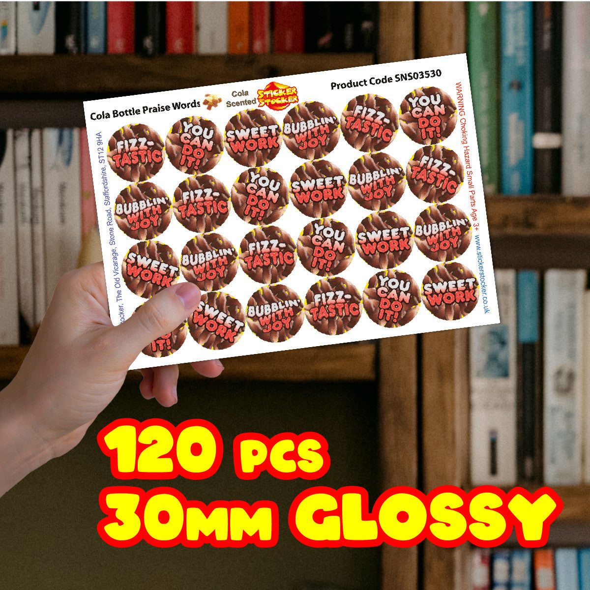 120 Cola Bottle Praise Words Scented 30mm Reward Stickers for Teachers, Parents and Party Bags