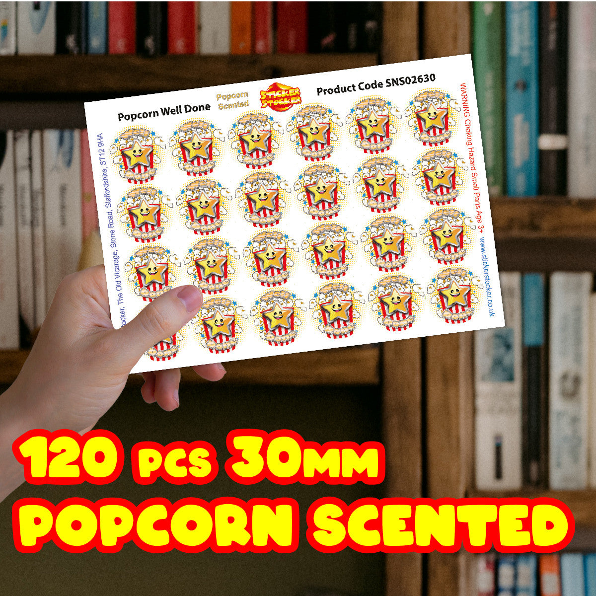 Sticker Stocker 120 Popcorn Well Done 30mm Popcorn Scented Reward Stickers for Teachers, Parents and Party Bags