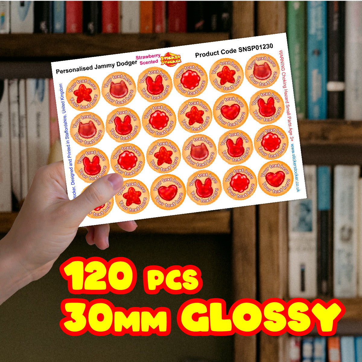 120 Strawberry Scented Personalised Stickers - Jammy Dodger - Personalised 30 mm Scented Stickers - For Teachers Nursery Parents
