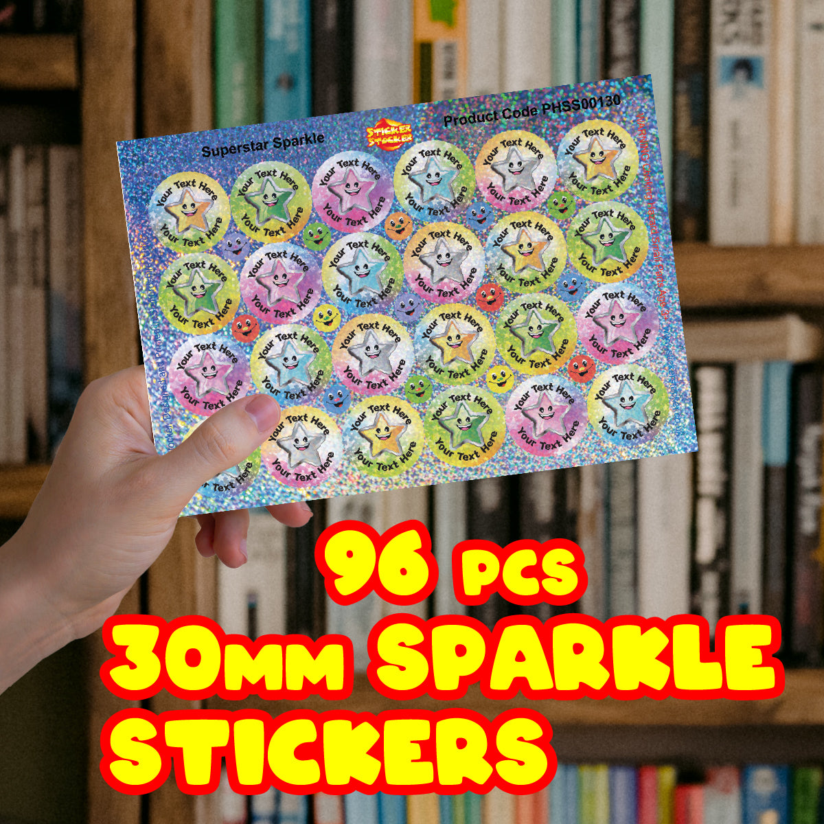 96 Personalised Sparkle Superstar 30mm Reward Stickers + 60 Free Sparkle Smiles for School Teachers, Parents and Nursery