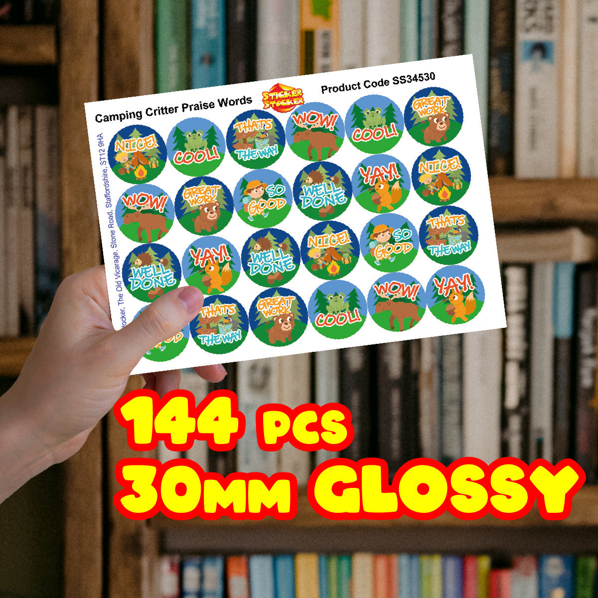 144 Camping Critter Praise Word Stickers - 30mm - Glossy Reward Stickers for Teachers & Parents