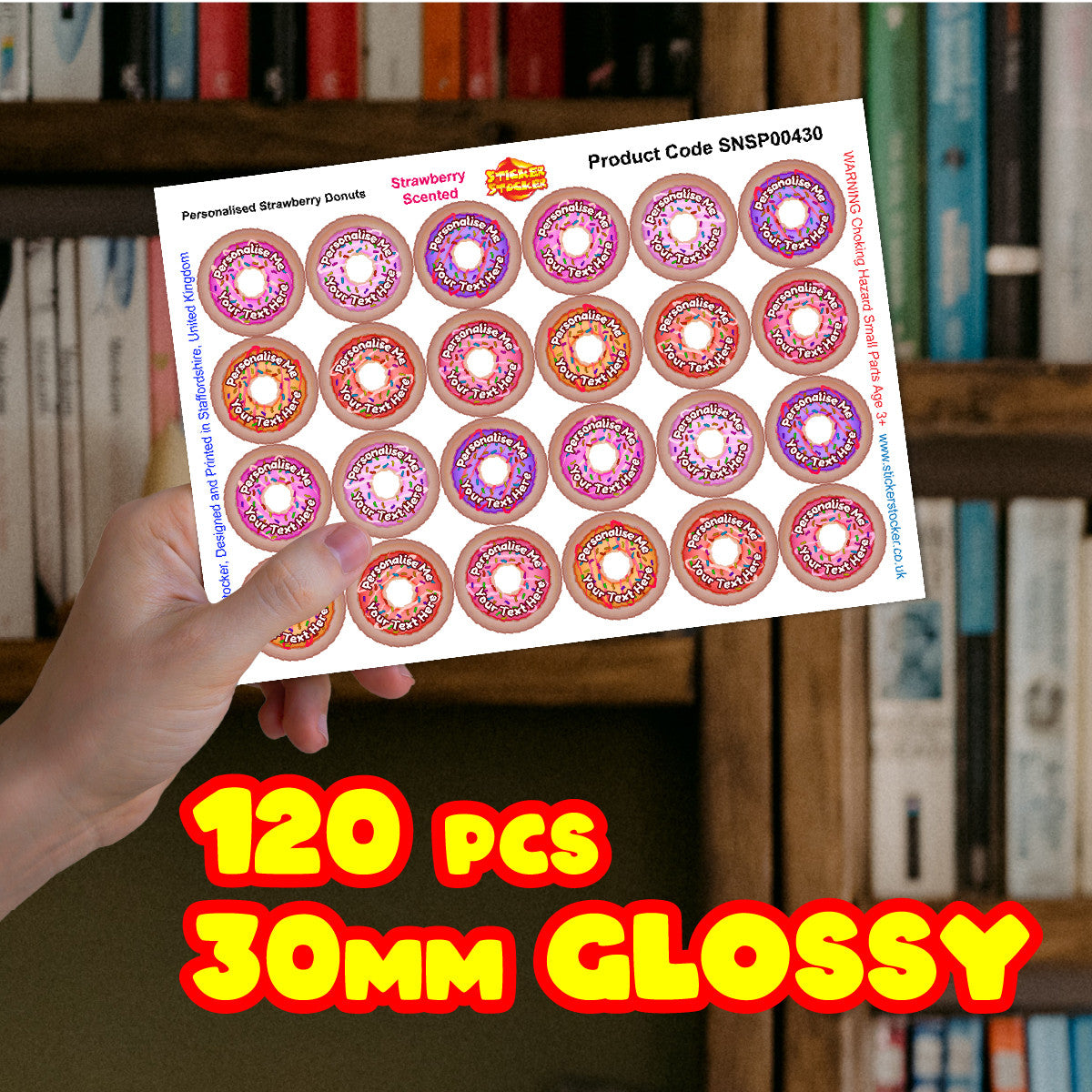 Sticker Stocker - 120 Strawberry Scented Personalised Stickers - Donut - Personalised 30 mm Scented Stickers - For Teachers Nursery Parents