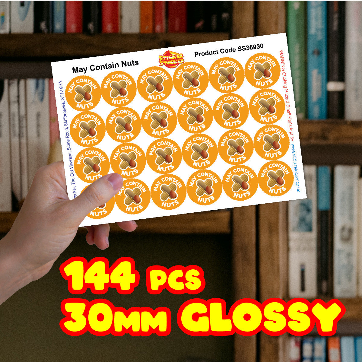 Sticker Stocker - 144 Warning May contain Nuts Food Allergy - 30mm - Glossy Food Label Stickers