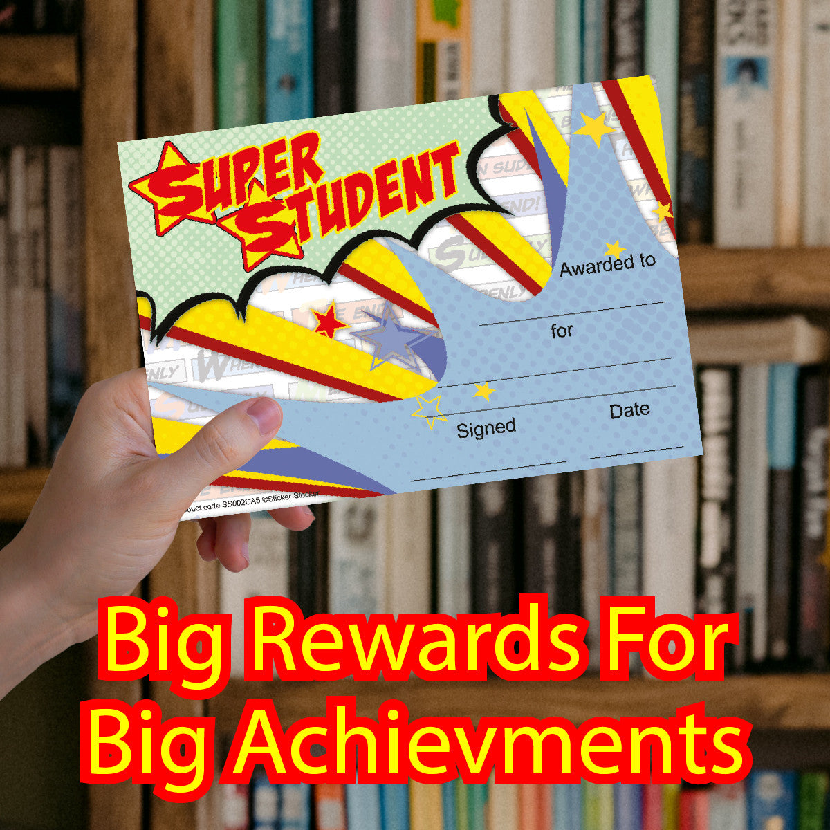 Sticker Stocker 30 Super Student Superhero themed award certificates for school teachers, 250gsm A5 silk finish card