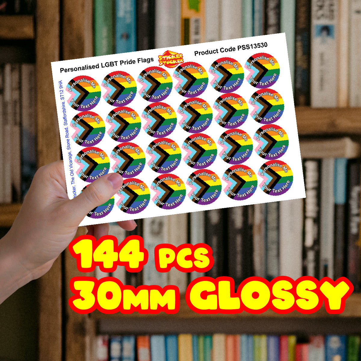 Sticker Stocker - 144 Personalised LGBT Pride Flag Round Sticker Labels