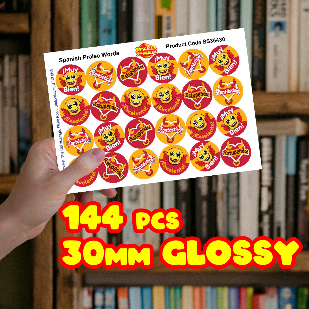 Sticker Stocker - 144 Super Spanish Praise Word Stickers - 30mm Glossy Reward Stickers for Teachers & Parents