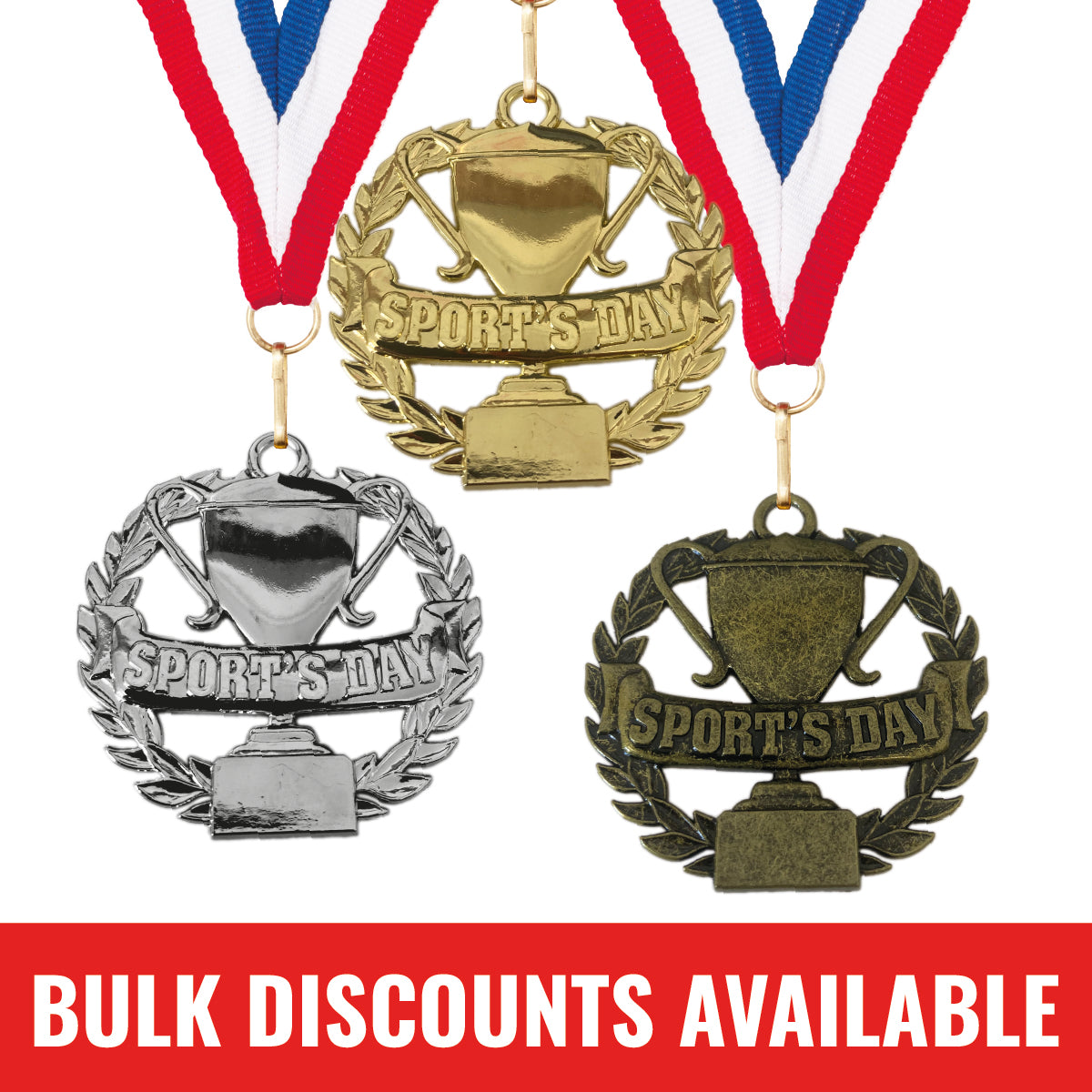 Sports Day Medal with FREE Ribbon and Certificate 50mm Metal (Laurel Trophy Themed) Gold, silver or bronze