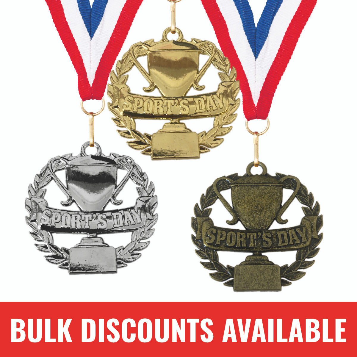 Sticker Stocker - Sports Day Medal with FREE Ribbon and Certificate 50mm Iron (Laurel Trophy Themed) Gold, silver or bronze