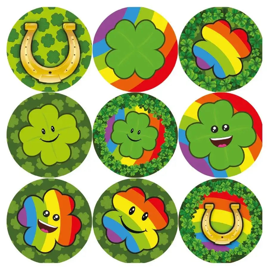 Colorful shamrock reward stickers with rainbows, horseshoes, and smiling faces