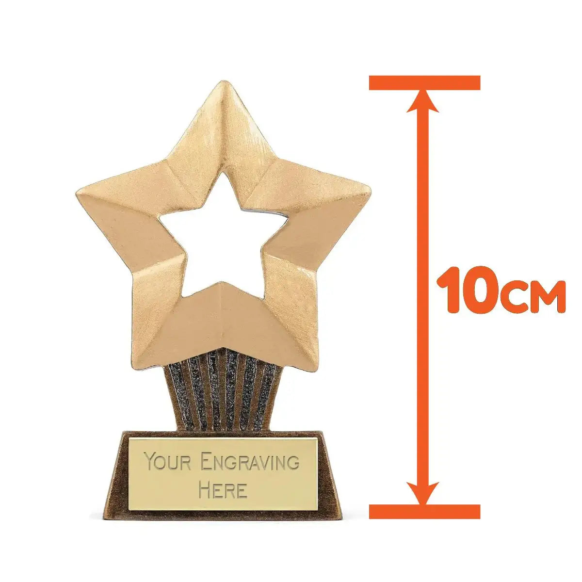 Gold star-shaped trophy award with customizable engraving, 10cm tall, for classroom rewards