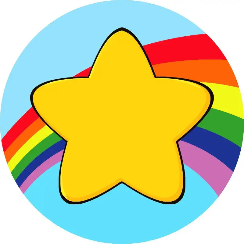 Yellow star sticker with rainbow and blue background, reward sticker for classrooms