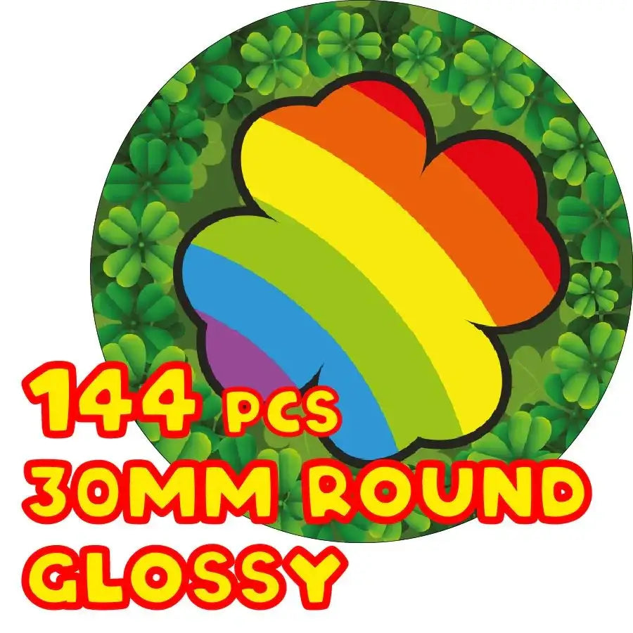 Rainbow clover reward stickers, 30mm round glossy, pack of 144, clover leaf design background.
