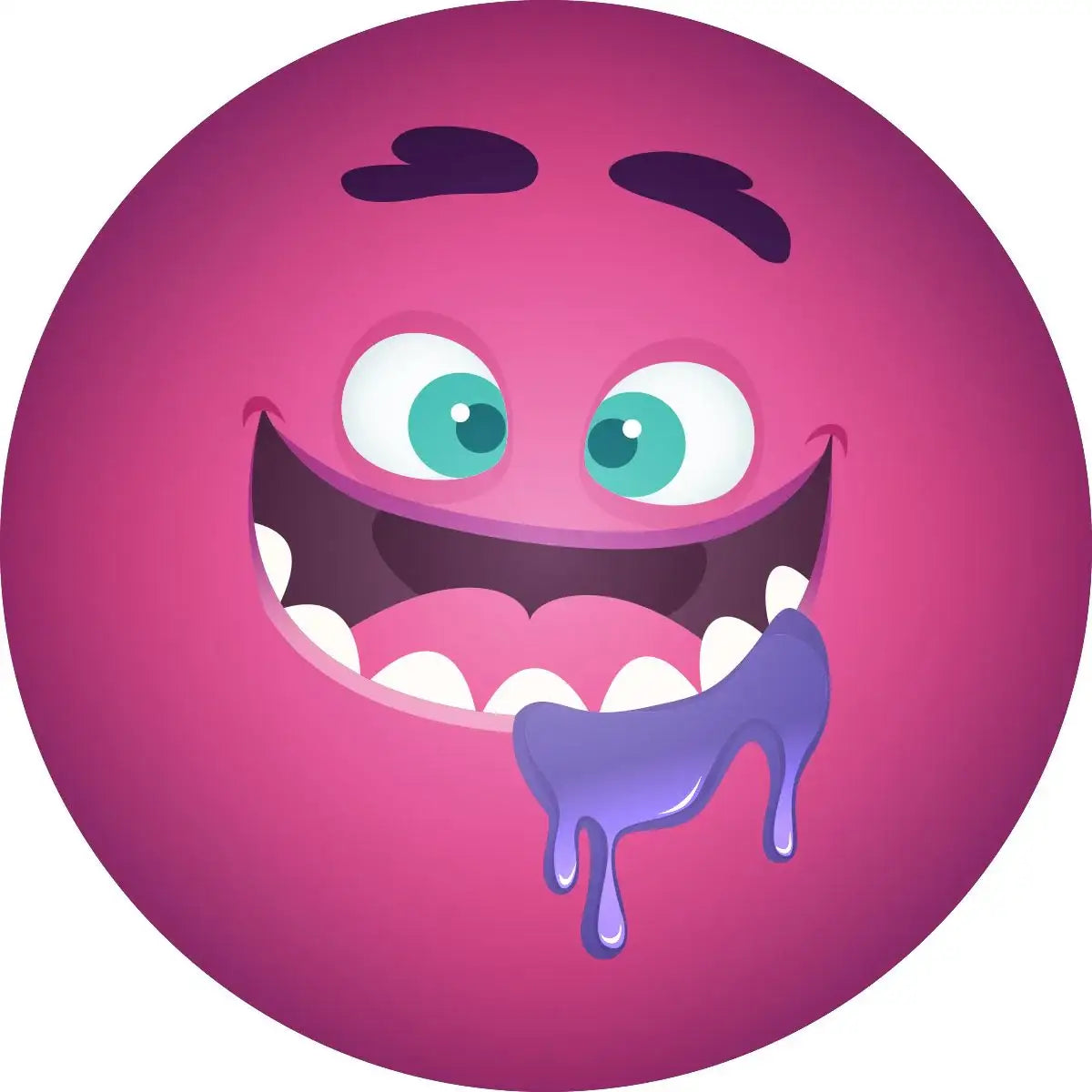 Smiling purple cartoon sticker face with drooling mouth and teal eyes, reward sticker design
