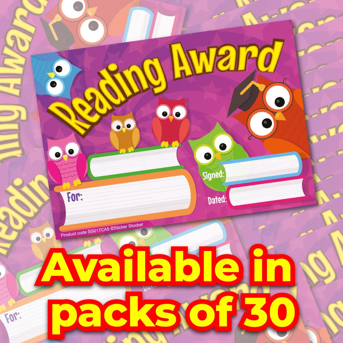 30 Reading Owls Award certificates for school teachers, 250gsm A5 silk finish card