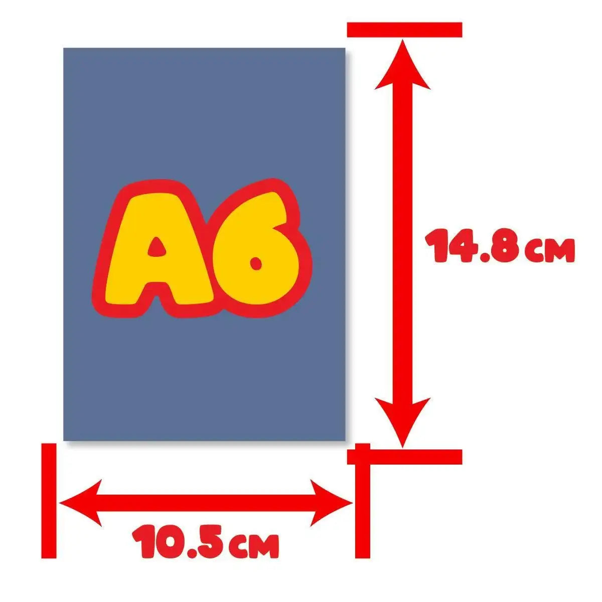 A6 size paper illustration with blue background, red and yellow text, and dimensions 10.5cm by 14.8cm.