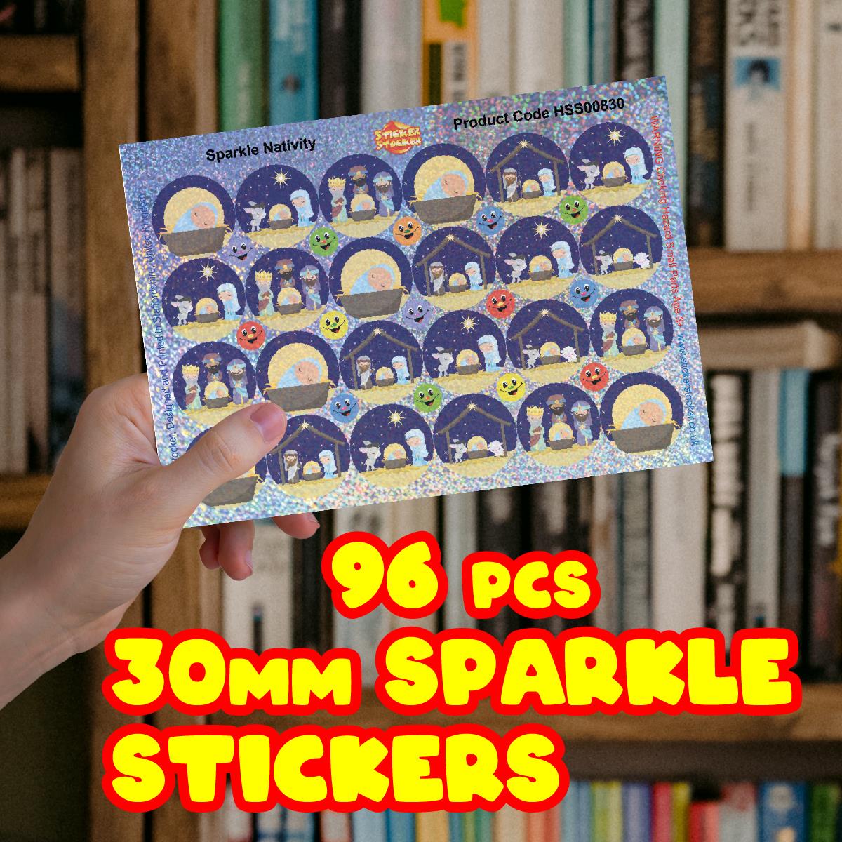96 Sparkle Nativity Stickers 30mm + 60 Free Sparkle Smiles Reward Stickers for Teachers, Parents and Schools