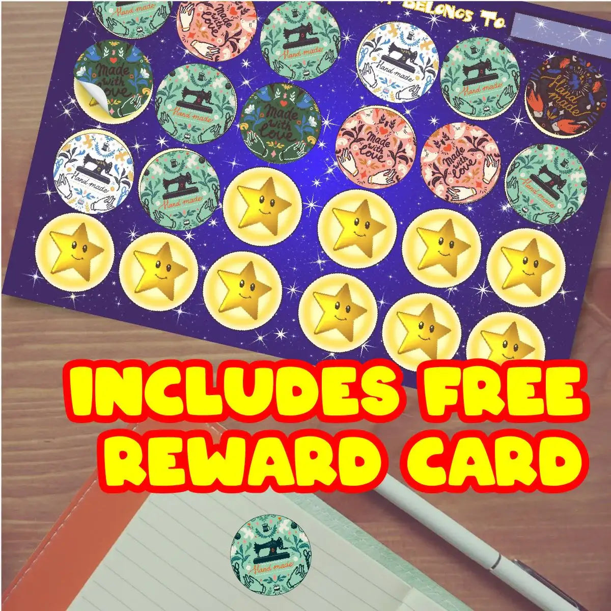 Sheet of star and handmade stickers with free classroom reward card on desk