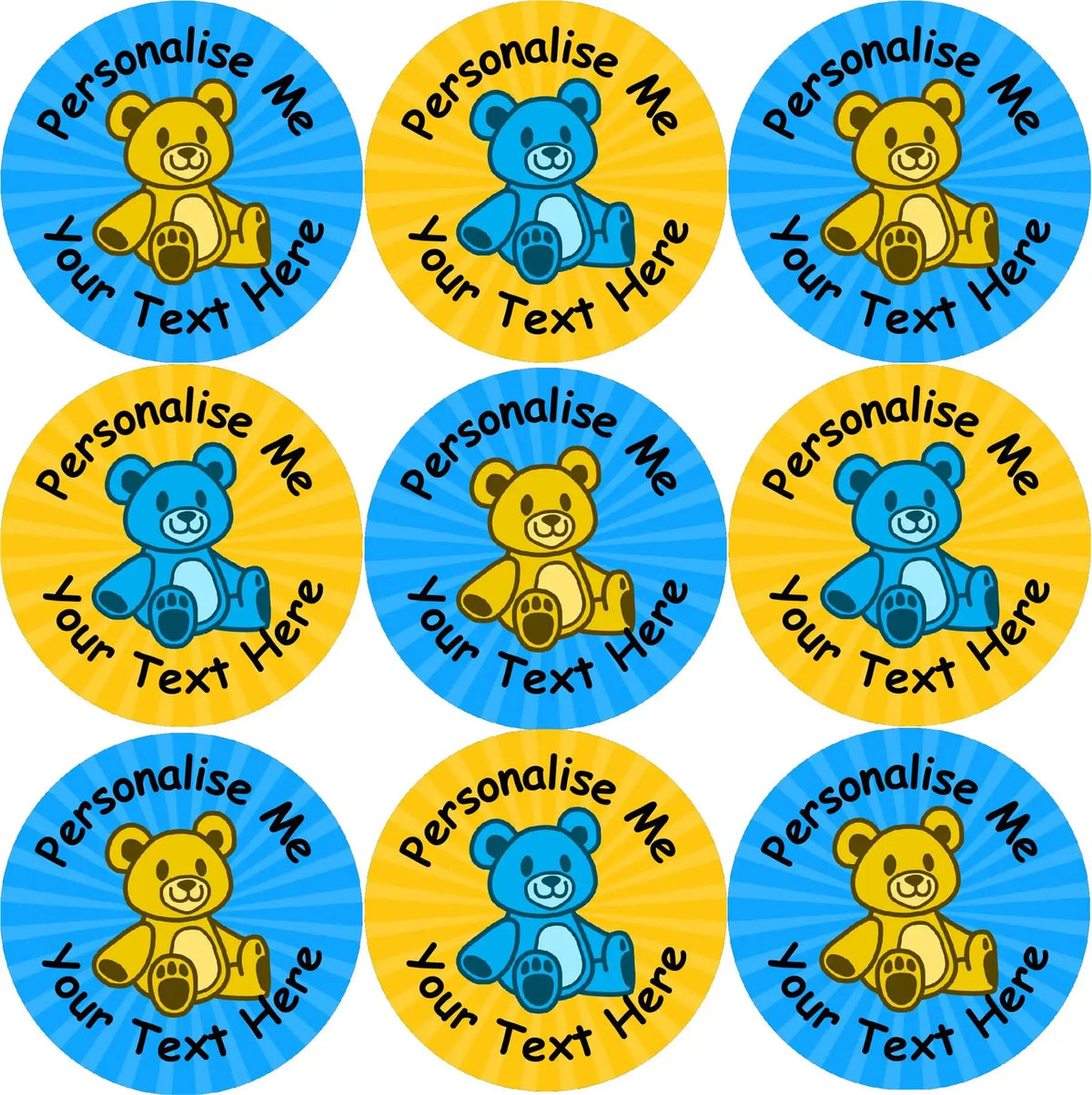 Personalised teddy bear reward stickers in yellow and blue for classroom or student motivation