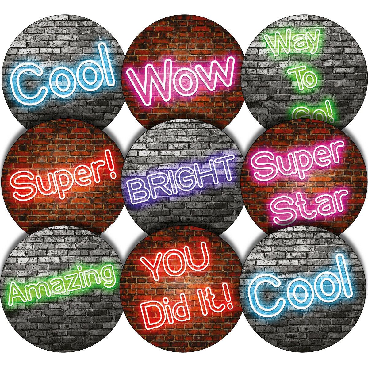 144 Neon Praise Words 30mm Round Children's Reward Stickers for Teachers, Parents and Party Bags