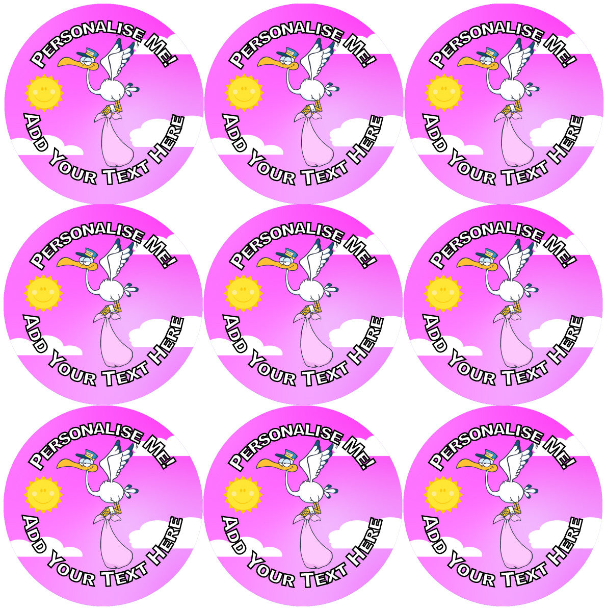 Sticker Stocker - 144 Baby Shower Stork - Pink 30mm Personalised Stickers