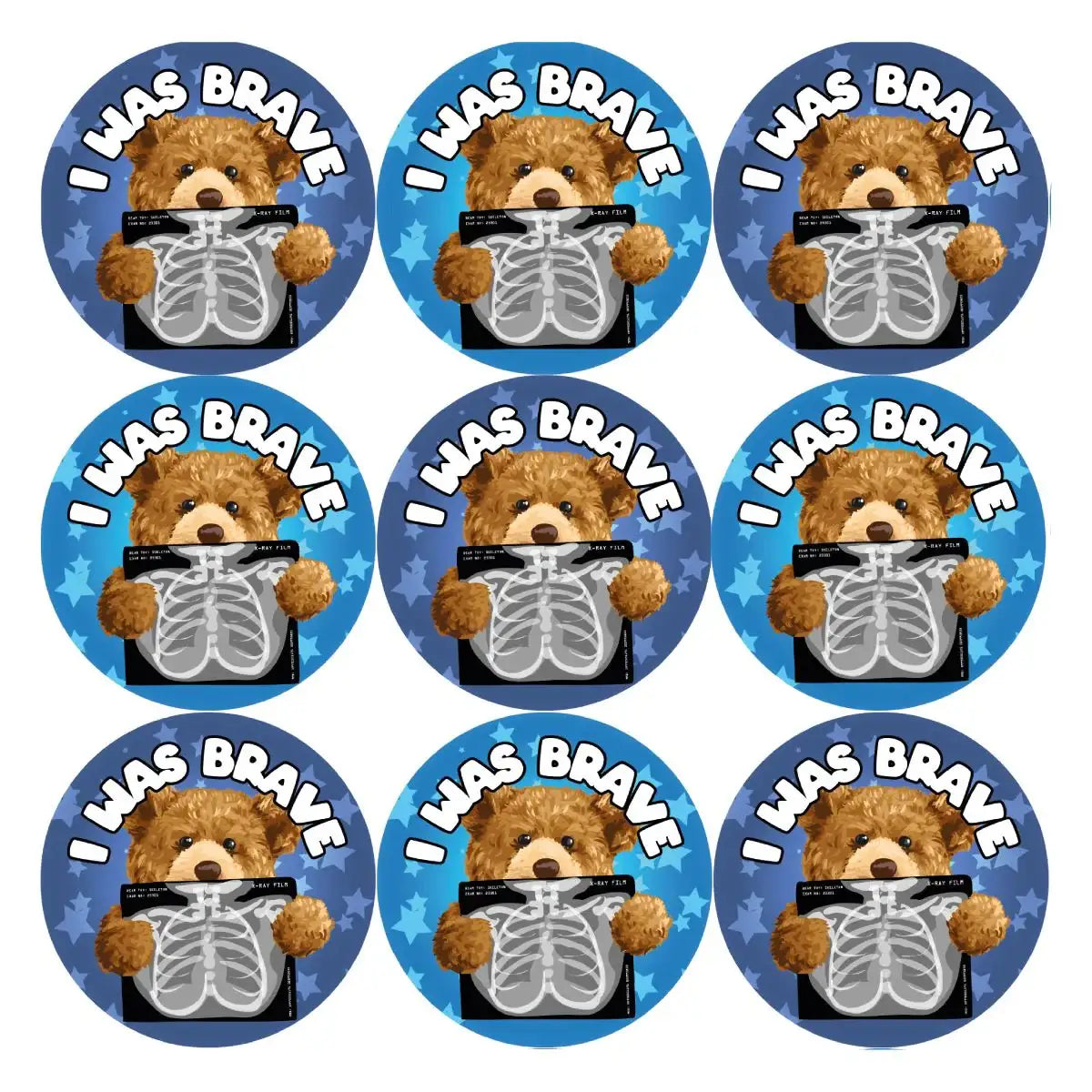 Cute teddy bear reward stickers with X-ray image and text 'I Was Brave' on blue star background.
