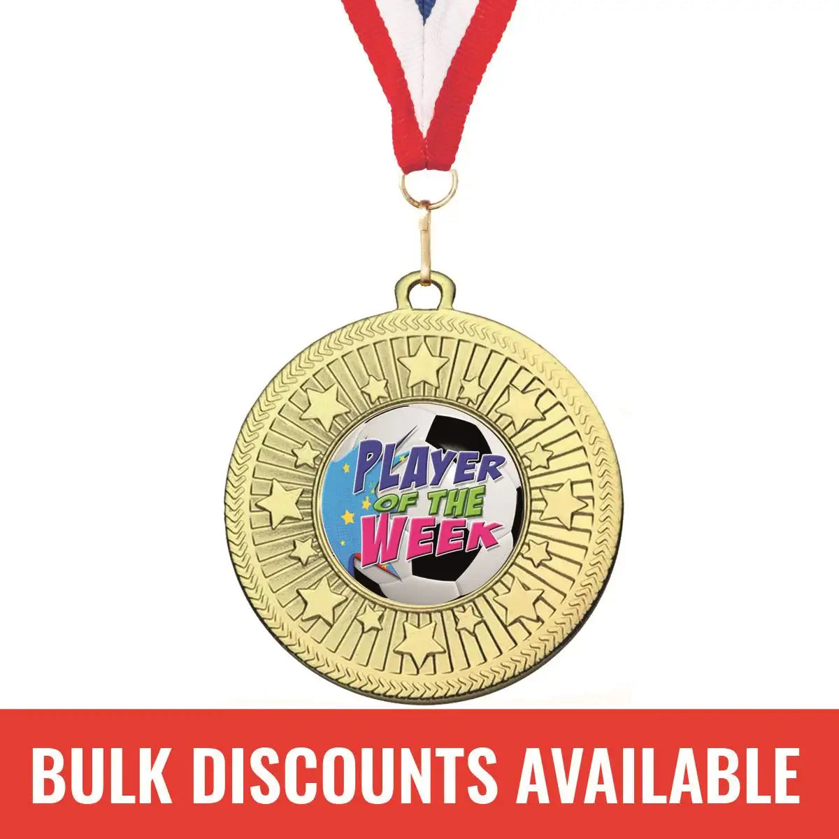 Gold Player of the Week medal with soccer ball design and red white blue ribbon, bulk discounts
