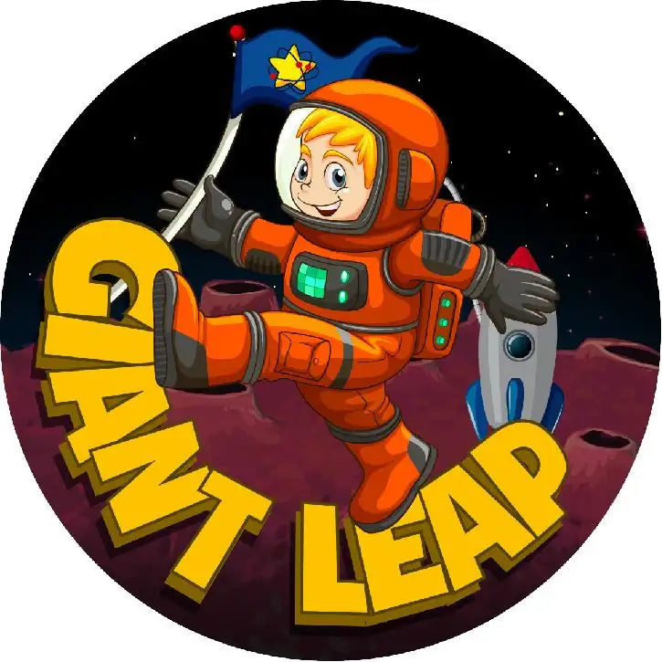 Reward sticker with cartoon astronaut, rocket, and 'Giant Leap' text on a space background