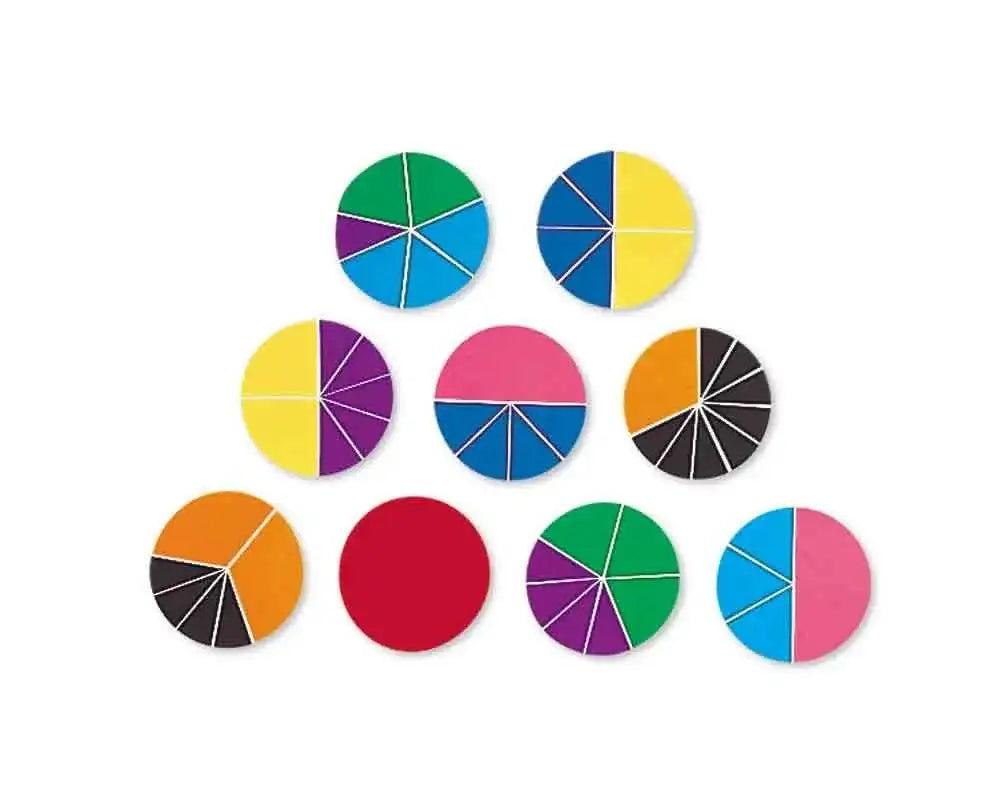 Colorful fraction circle magnets for classroom math learning on a white background