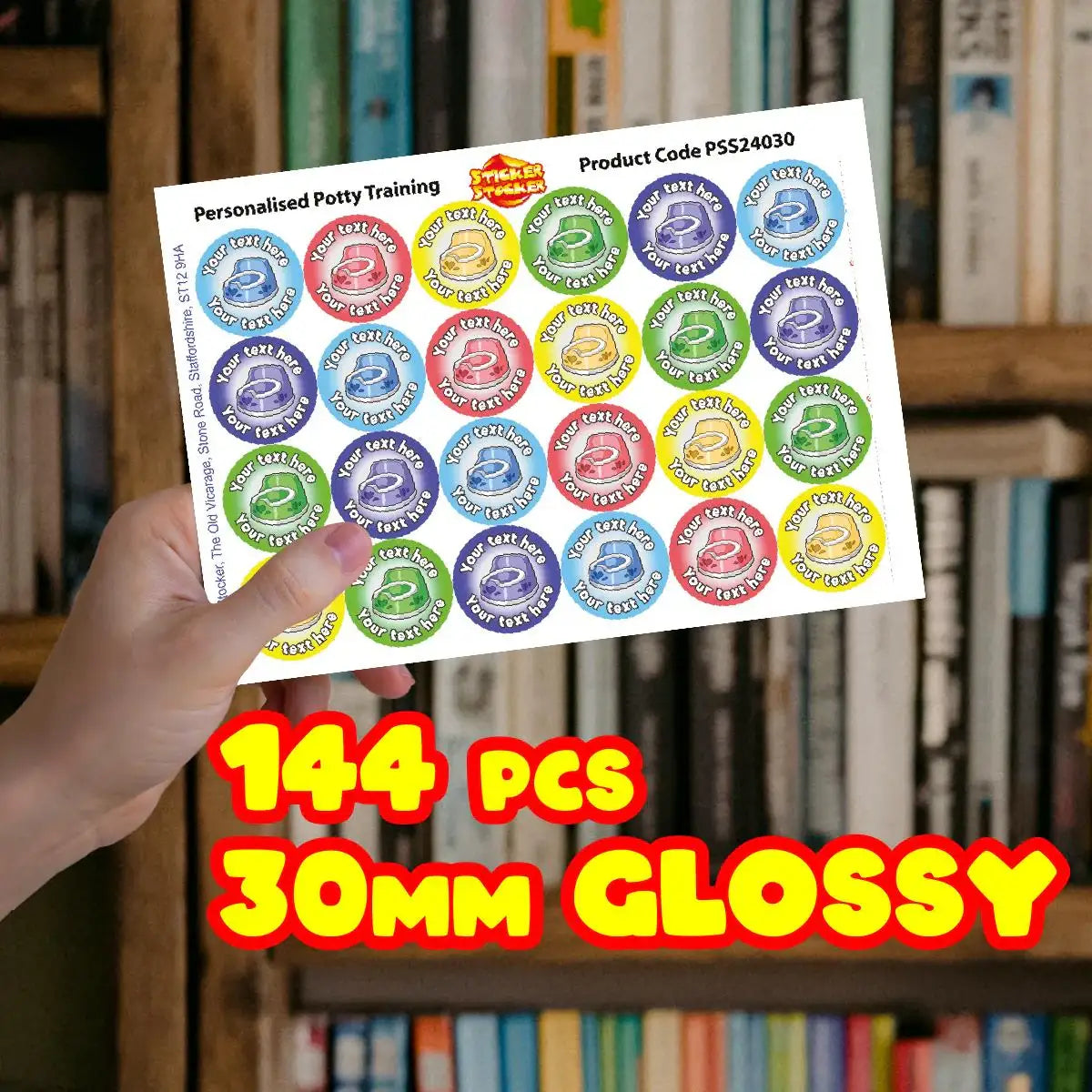 Person holding a sheet of personalized potty training reward stickers, 144 glossy 30mm pieces