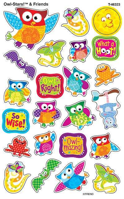 Colorful owl and animal reward stickers with motivational phrases for classroom use