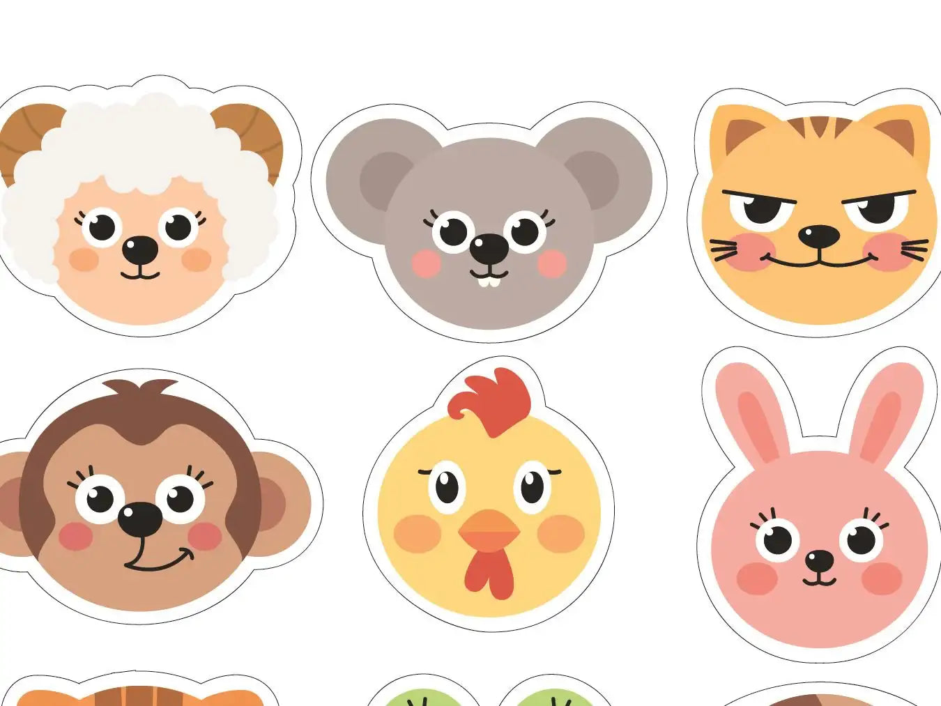 cute animal face stickers including sheep, koala, cat, monkey, chicken, and rabbit