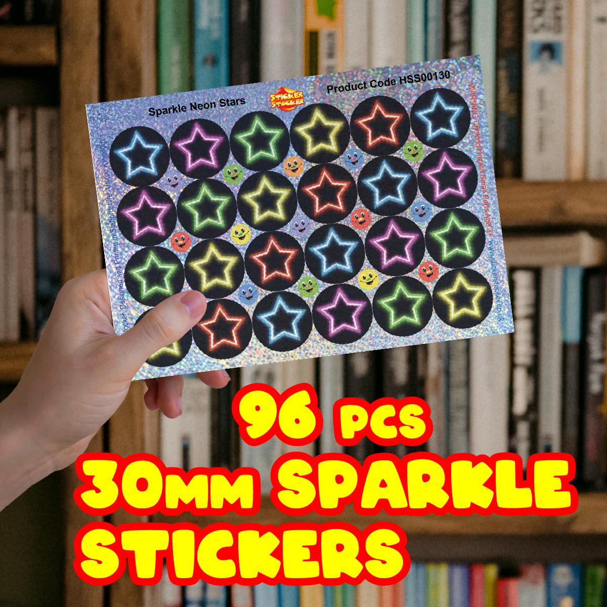96 Sparkle Neon Stars Stickers 30mm + 60 Free Sparkle Smiles Reward Stickers for Teachers, Parents and Schools