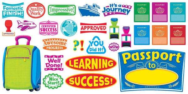 Colorful reward stickers with travel and passport themes for classroom motivation and learning.