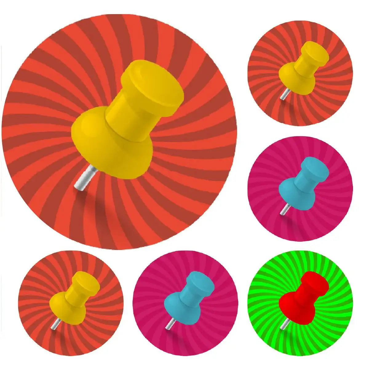 Colorful push pin stickers with spiral backgrounds for classroom rewards and decor