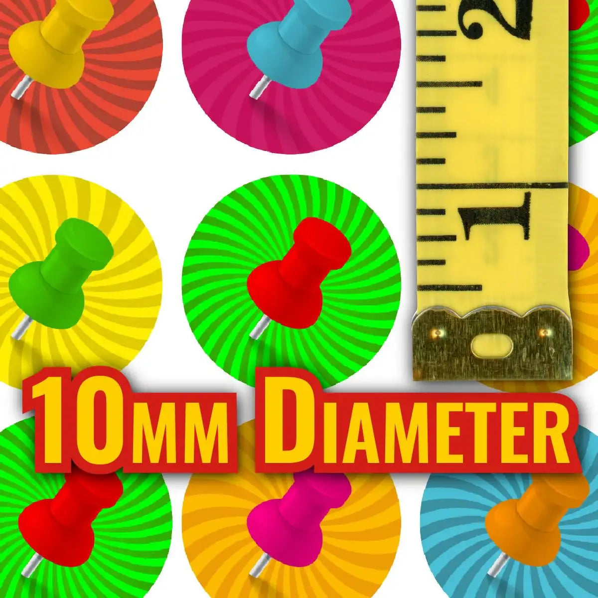 Colorful 10mm round sticker labels with push pins and tape measure for classroom use