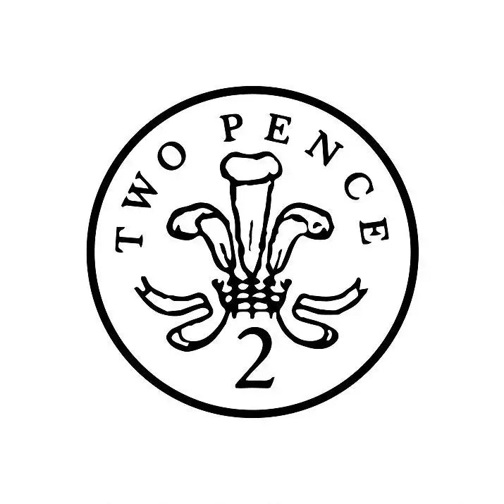 Black and white two pence coin illustration with number 2 and classic coin emblem